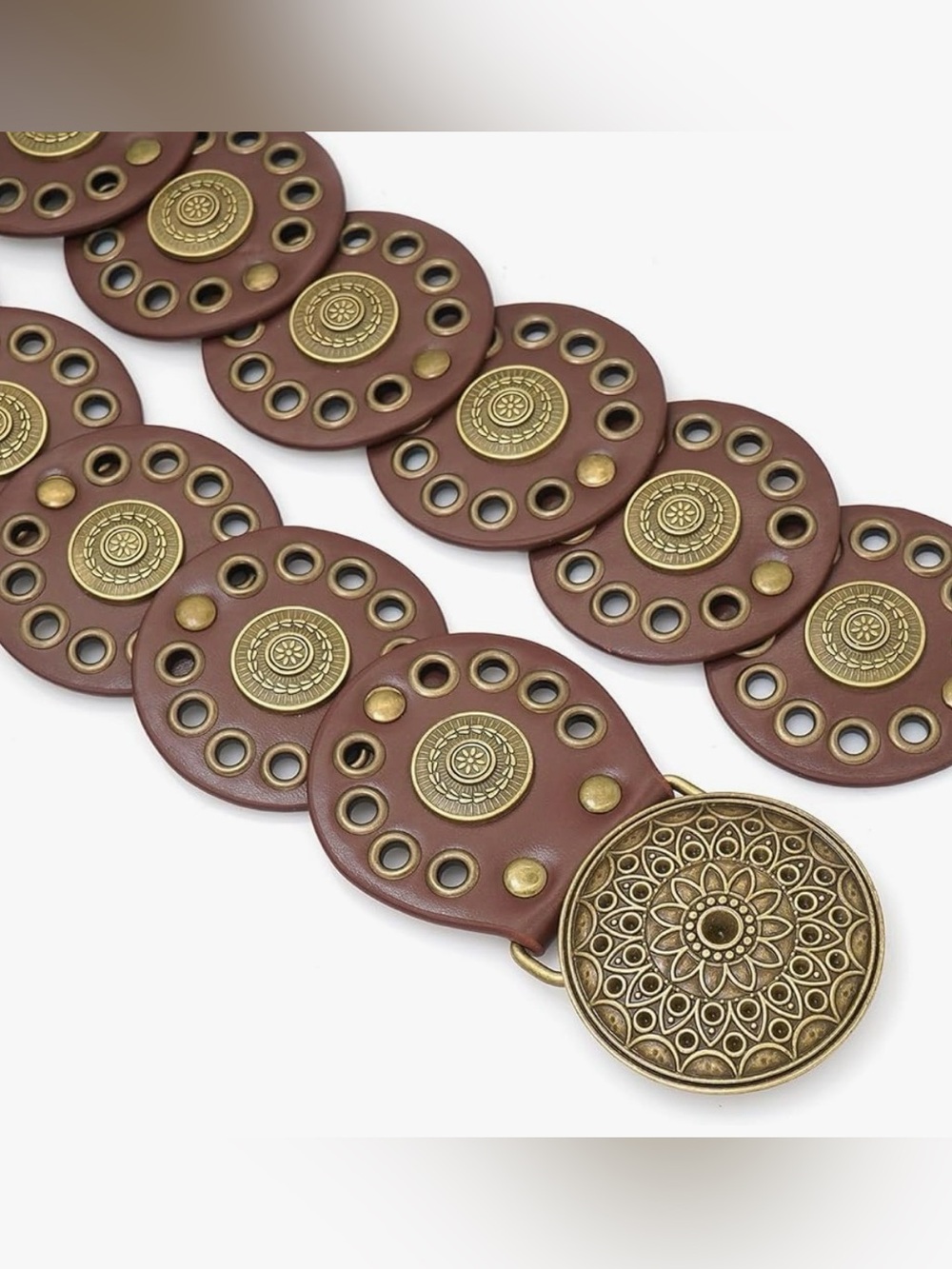 Brown Decorative Disc Leather Belt with Ornate Metal Medallions - Picture 2 of 2